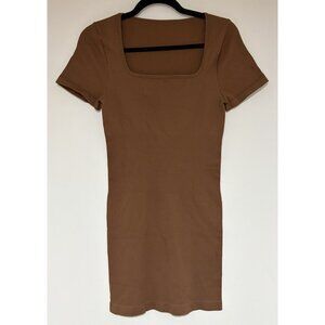 OQQ Women's Brown Mini Ribbed Short Sleeve Square Neck Bodycon Dress Sz Large